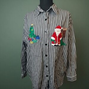Westbound‎ XL Black White Striped Santa Tree Embroidered Vintage 90s Christmas